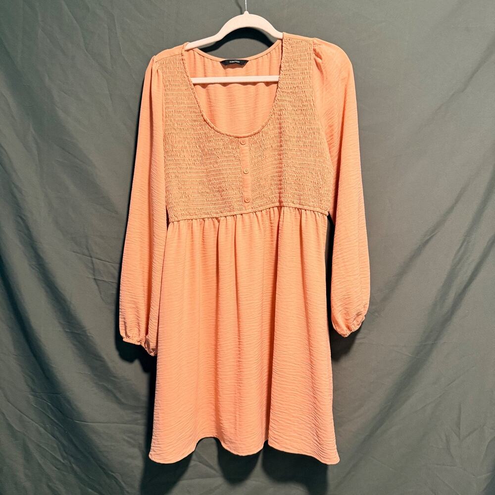 Dokotoo Women's Large Peach Smocked Babydoll Mini Dress Long Sleeve Textured